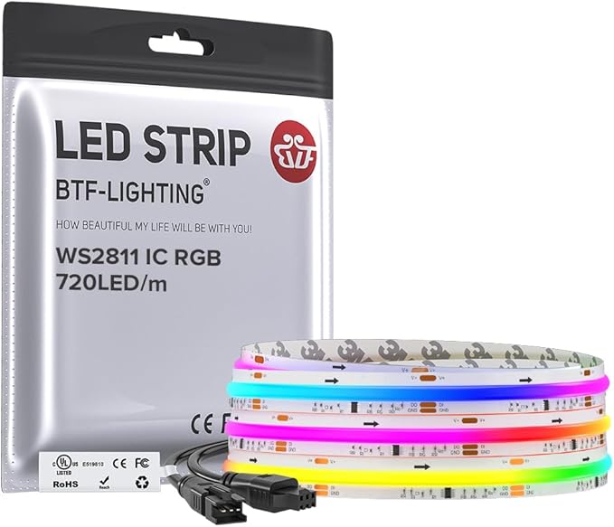 BTF-LIGHTING WS2811 Smart IC RGB FCOB COB LED Strip, UL Listed 720LEDs/m High Density Color Chasing Uniform Light, DC12V 9.8FT 12mm Width Tape Light for Home Party DIY Decor(No Adapter or Controller)