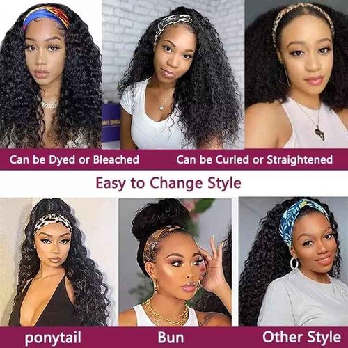 Lauberita Long Human Hair Headband Wig Brazilian Curly Headband Wig Human Hair Deep Wave Wig Glueless Hair None Lace Front Natural Color(22 inch)