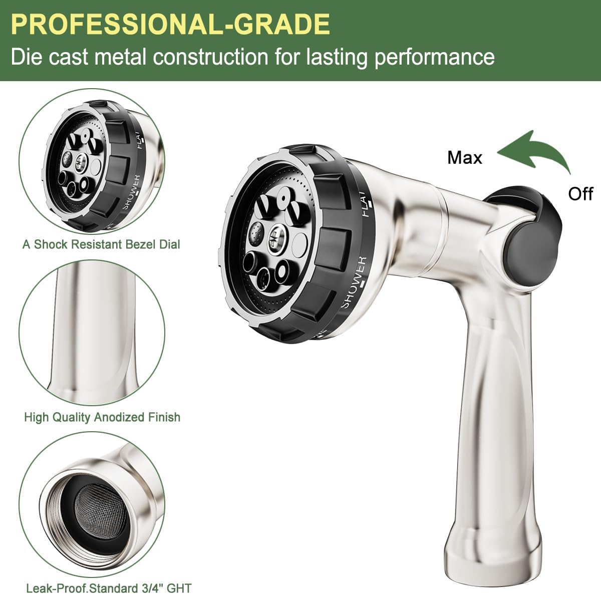 FANHAO Professional Heavy Duty Garden Hose Nozzle, 100% Metal Thumb Control Water Hose Sprayer with 8 Spray Patterns, High Pressure Water Nozzle for Lawn & Plant Watering, Car & Pet Washing