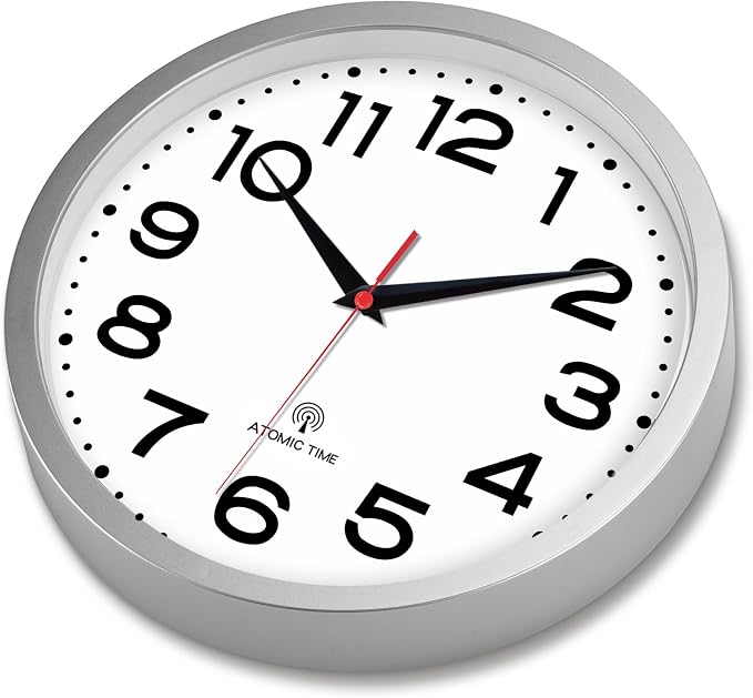 Roymnie Atomic Wall Clock 14 Inch, Modern Clock Battery Operated Classic Analog Decorative for Kitchen, Living Room, Office, Bedroom, Bathroom (Silver)