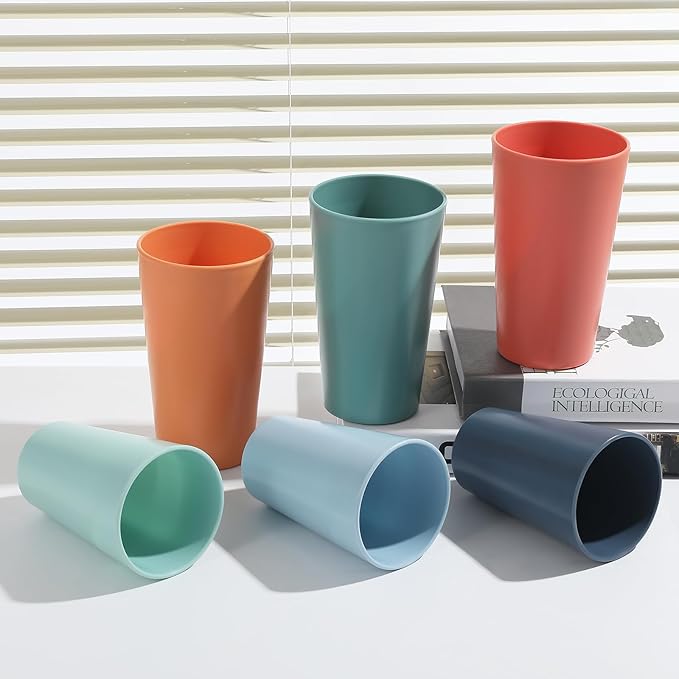 HEYCOME 24 Pcs Unbreakable Plastic Cups Set, 12 Pcs 14 oz and 12 Pcs 20 oz Reusable Plastic Cups, Stackable Water Tumblers, Drinking Cup for Kitchen, BPA-free, Dishwasher and Microwave Safe, 6 Colors