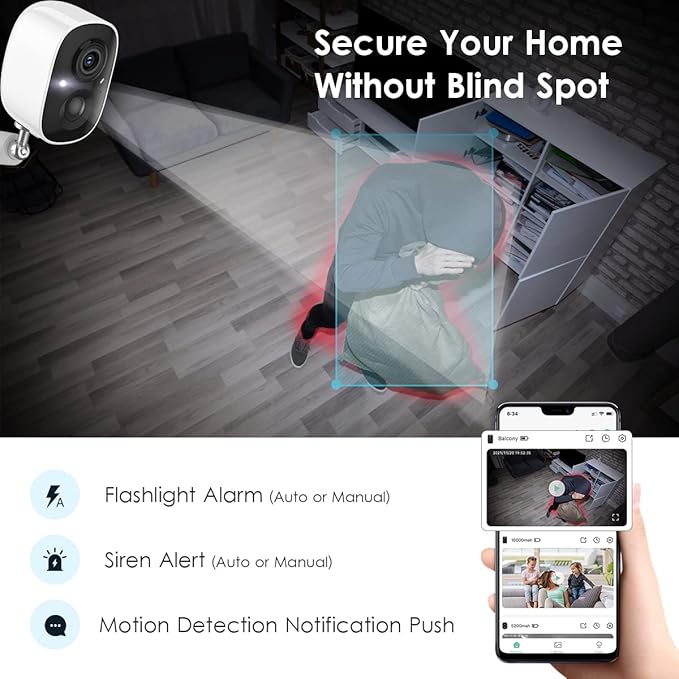 GMK Security Cameras Wireless Outdoor, 2K Color Night Vision AI Motion Detection 2-Way Talk Battery Powered WiFi Home Indoor Camera IP65 Weatherproof Spotlight Siren Alarm Cloud/SD Storage 2-Pack