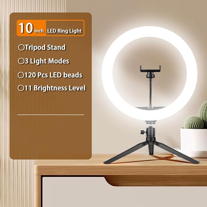 10" Desk Ring Light with Tripod Stand, 3 Light Modes & 11 Brightness Level, Adjustable Selfie Phone Halo Light with Cell Phone Holder for Video Recording, Makeup, Computer Laptop Zoom Meeting