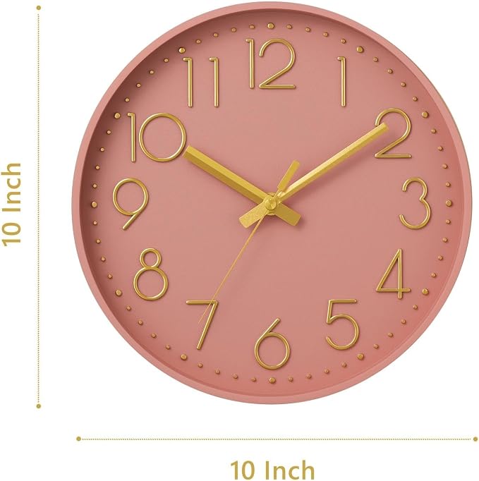 DAXSMY Wall Clock - 10 Inch Silent Non-Ticking Modern 3D Wall Clocks Battery Operated - Decorative Clock for Kitchen, Home Office, Bathroom, Bedroom(Pink)