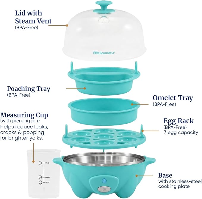 Elite Gourmet EGC-007T# Rapid Egg Cooker, 7 Easy-To-Peel, Hard, Medium, Soft Boiled Eggs, Poacher, Omelet Maker, Auto Shut-Off, Alarm, 16-Recipe Booklet, Teal