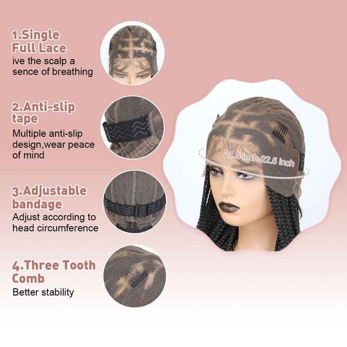 QUISDUIS 36 Inch Full Lace Braided Wigs for Black Women, 360° HD Single-layer Square Knotless Box Braid Wig with Baby Hair Handmade Synthetic Hair Blended Lace Front Wig Natural Black