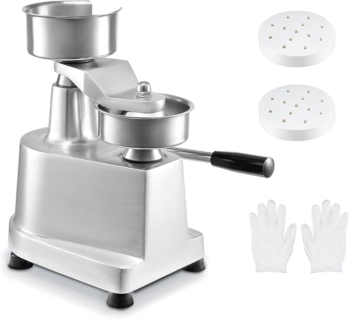 VEVOR Commercial Burger Patty Maker, 100mm/4inch Hamburger Beef Patty Maker, Heavy Duty Food-Grade Stainless Steel Bowl Burger Press Machine, Kitchen Meat Forming Processor with 1000 Pcs Patty Papers