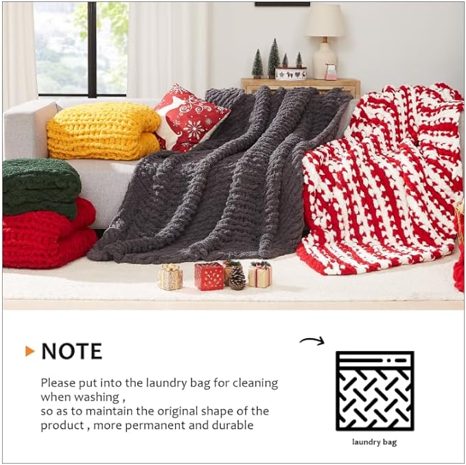 L'AGRATY Chunky Knit Blanket Throw: 80''x90'' Chenille Chunky Knitted Throw Blankets for Bed Couch - Handmade Thick Big Cable Knit Blanket - Large Crochet Rope Blankets for Home Decor(Yellow)