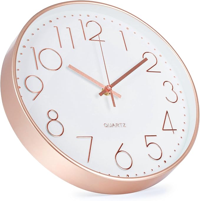 Wall Clock 12 Inch Non-Ticking Silent Modern Simple Style Round Decor Clock Rose Gold Stereoscopic Dial Quartz Wall Clocks for Home/Office/School/Living Room/Bedroom/Kitchen