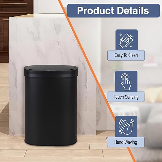 PayLessHere | 13 Gallon Stainless Steel Trash Can | Black | Automatic Touchless Lid with Motion Sensor | Kitchen Garbage Can with Waterproof Design | for Home, Office, Bathroom | Pack of 1