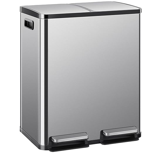 DUMOS Kitchen Trash Can, 2x8-Gallon Dual Trash Can with Lid, Stainless Steel Garbage Bin with 2 Removable Inner Buckets, Soft-Close Foot Pedal, Fingerprint-Resistant for Kitchen, Home, Office