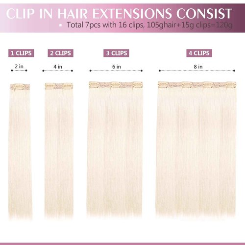 Fimislosion Real Hair Extensions Clip in Human Hair, Seamless Clip in Hair Extensions Real Human Hair, 20 Inch Clip ins extensions for women, Ash Platinum Blonde 120G 7Pcs