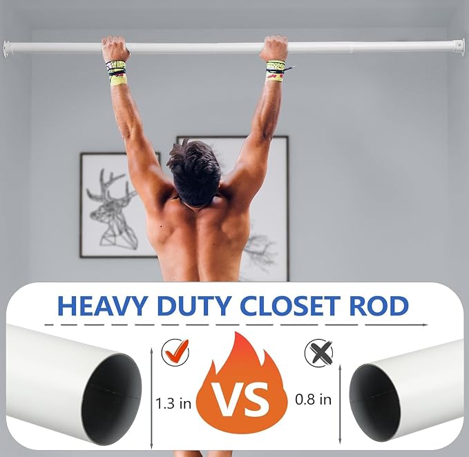 SUTINE Closet Rod, 17 to 68Inch Closet Rods for Hanging Clothes, Heavy Duty Adjustable Closet Hanging Rod Bar White Closet Poles for Wardrobes, Closet, Bathroom, Windows, 1.3Inch Diameter