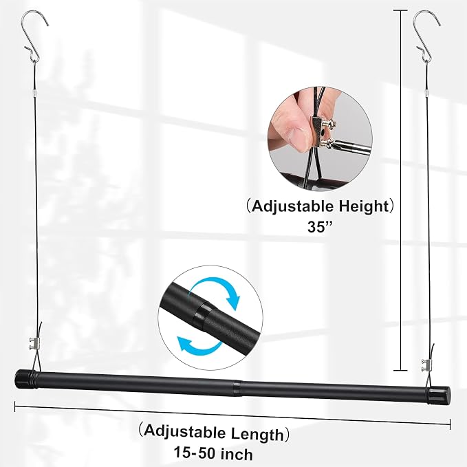 INFLATION Closet Rod With Hangers Adjustable Width (15-50 Inch) Tension for Hanging Clothes Rack, 35 Inch Height, Elegant Black Hanging Closet Organizer for Women, Men and Kids