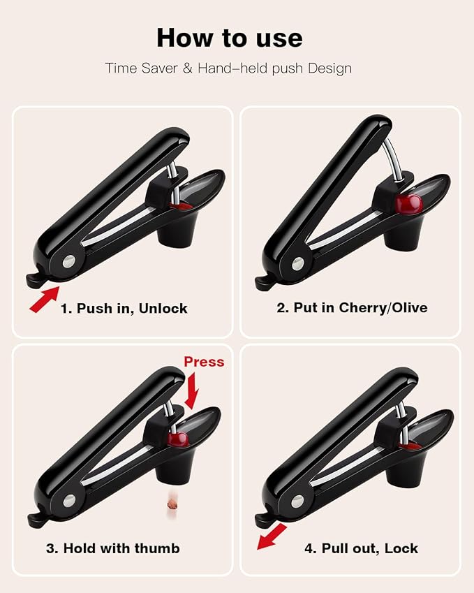Cherry Pitter, Cherry Pit Remover Tool Cherries Corer Pitter with Hand-held Push, Olive Seed remover stones with lock design, Durable Cherries seed Corer for Cherry Jam -Black