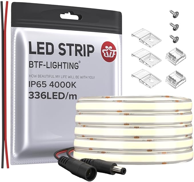 BTF-LIGHTING FCOB COB LED Strip IP65 Flexible High Density Uniform Light 8W/m 16.4FT DC24V Natural White 4000K 336LED/m CRI 90+ 8mm Width Dimmable LED Ribbon for Decor(No Adapter or Controller)