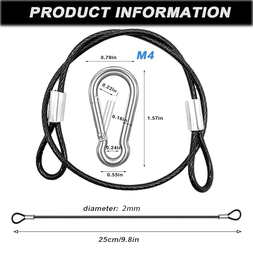 20 Pack 10 Inch(25cm) Stainless Steel Tethers with 4 Pcs Spring Snap Hook Clips, Steel Wire Cable with Loops Vinyl Cover Coated Short Rope Lanyard Lock Tether Chains, 2 Colors
