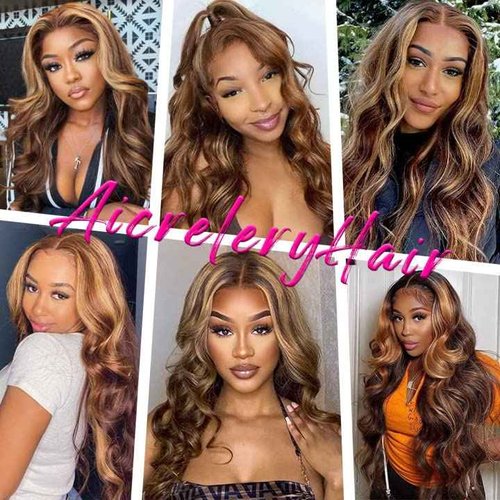 Aicrelery 4/27 Highlight 13x6 Lace Front Wigs Human Hair 13x6 Honey Blonde HD Lace Front Wig Pre Plucked with Baby Hair 180% Density Highlight Ombre Body Wave Lace Frontal Wig for Women 18 Inch