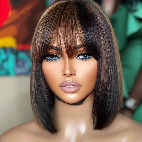 FFEGG Bob Wig with Bangs Human Hair Glueless HD Lace Straight Short Bob Wig with Brown Highlights, Ready to Go Short Wigs For Women （12 Inch bob wig）
