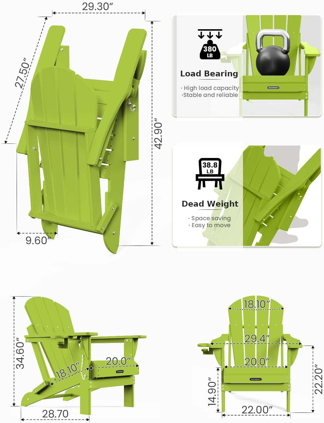 MUCHENGHY Folding Adirondack Chairs Set of 2, Patio Chairs, Lawn Chairs, Outdoor Chair, Adirondack Chair Plastic, Fire Pit, Weather Resistant with Cup Holder for Deck, Backyard, Garden(Lemon Green)