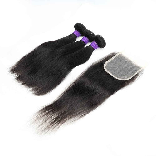 Human Hair 3 Bundles with Closure Straight 100% Unprocessed Virgin Brazilian Hair Bundles with 4x4 Lace Closure Free Part, Double Weft 10A Hair Weave Extensions, Natural Black Color (20" 20" 20" + 14" Closure)