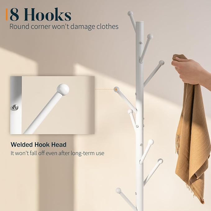 Yoobure Coat Rack Freestanding with Natural Marble Base - Coat Tree with 8 Hooks Heavy Duty Coat Hanger Stand, Metal Coat Rack Stand for Jacket, Hat, Clothes & Bag, Hall Tree Hat Rack for Entryway