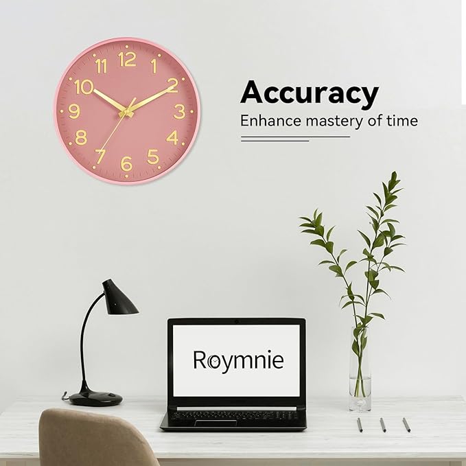 Roymnie Silent Wall Clocks Battery Operated 10 Inch-Modern Non Ticking Analog Clock Decorative for Kitchen Office Bathroom Bedroom(Pink Gold)