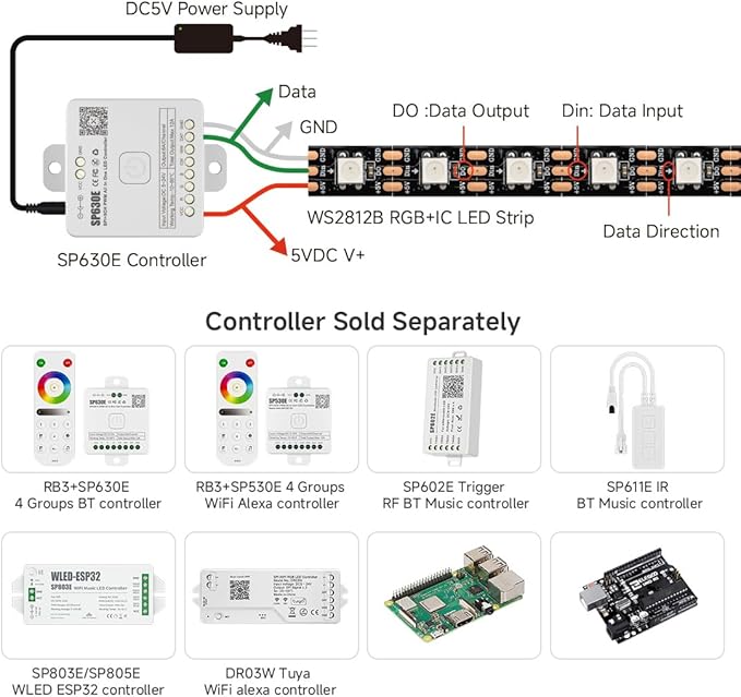 BTF-LIGHTING WS2812B IC RGB LED Strip,UL Listed,Pure Gold Wires,DC5V 16.4FT 300LED 5050SMD,Individually Addressable,Flexible for DIY Chasing Full Color Project,3M Tape,IP30(No Adapter or Controller)