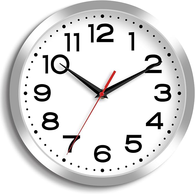 Roymnie Wall Clock Silent Non-Ticking Modern Clock Battery Operated 10 Inch Small Classic Analog Decorative for Kitchen, Bathroom, Office, Bedroom, Home(Silver)