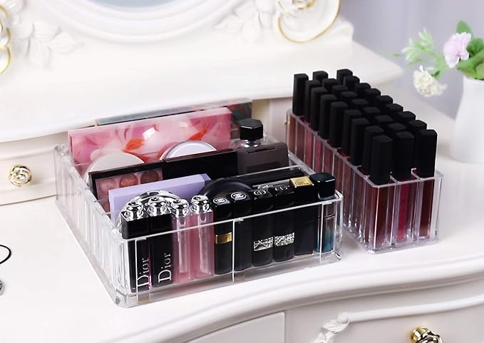 FAJ Eyeshadow Palette Lipgloss Organizers, Acrylic Makeup Holder for Vanity, Drawer Storage, Cosmetics Pallets Countertop Clear Storage (27 spaces)