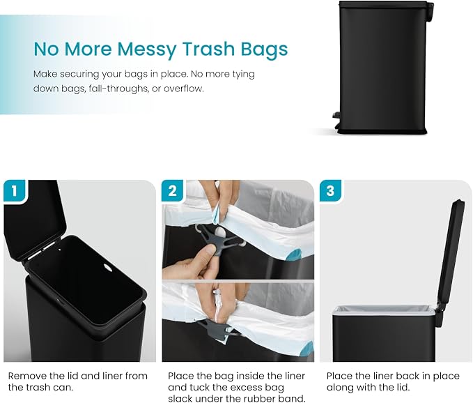Home Zone Living 4 Gallon Slim Kitchen Trash Can with Soft Close Lid and Step Pedal, Matte Black Stainless Steel Wastebasket with Removable Bucket