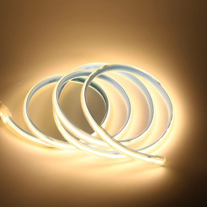 Outdoor COB Strip Light 5 Meter LED Tape Light Waterproof 110v LED Strip Lights Plug-in LED Strip with 3000K Brightness Rope Lights for Bedroom Home Kitchen Decor (Warm White, 16.4ft)