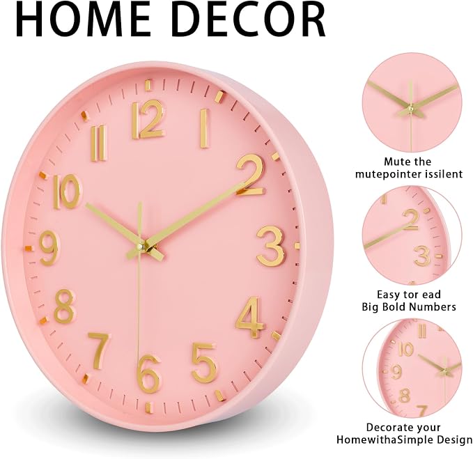 HZDHCLH Wall Clocks Battery Operated,Wall Clock Pink Gold 10 inch Wall Clock Silent Non Ticking Modern 3D Numbers for Office Kitchen Classroom Bedroom Living Room Decor