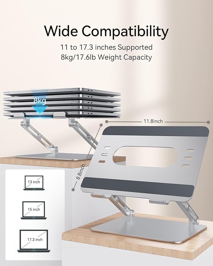 Orlian Foldable Aluminum Laptop Stand for 10-17.3" Laptops, Height Adjustable Portable Ergonomic Computer Holder, Space Saving Desk with Heat Dissipation. Compatible with MacBook/Dell/HP etc, Silver