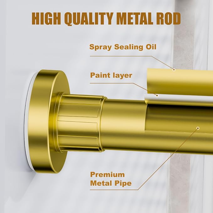 Ausemku Shower Curtain Rod 32-80 Inch Adjustable - 1 Inch Diameter Heavy Duty No drill Spring Tension Shower Rod, Non-Slip Rustproof Telescopic Rod for Bathroom, Gold