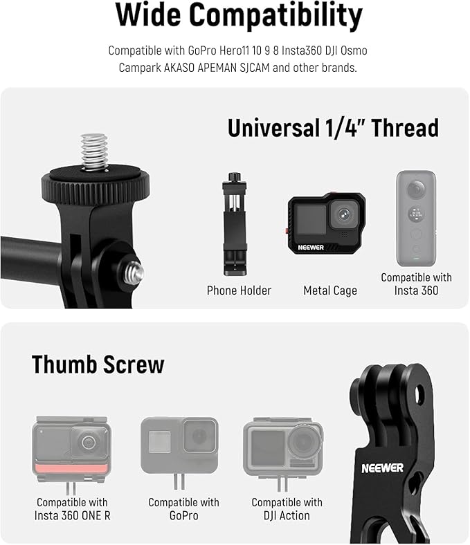 NEEWER Aluminum Alloy Extension Arm Set (11.8"/6.5"/3.3") for Action Camera with 3 Thumbscrews and 1/4" Screw Adapter Compatible with GoPro Hero 13 12 11 10 9 8 DJI Osmo Action 5 Pro Insta360, GP-11