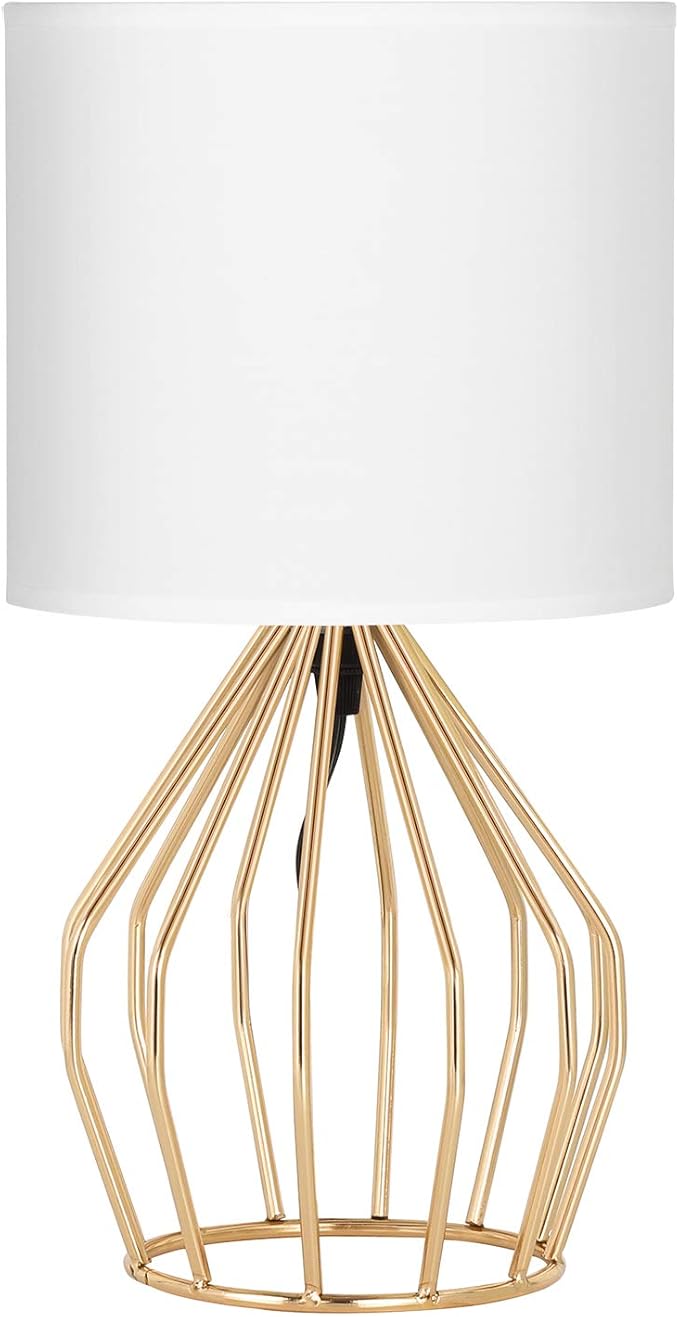HAITRAL Gold Table Lamp - Modern Style Desk Lamp with Hollowed Out Base Linen Fabric Shade, Small Golden Bedside Lamp for Bedrooms, Living Room