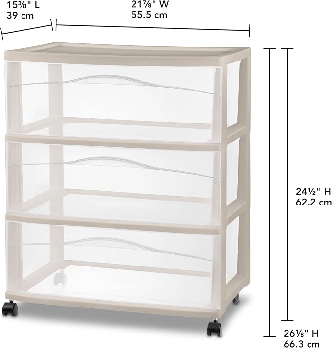 Sterilite 3 Pack Wide 3 Drawer Storage Cart, Rolling Organization, Grey | Clear Plastic Organizer Drawers with Wheels for Craft Supplies, Bath Essentials, or Home Accessories
