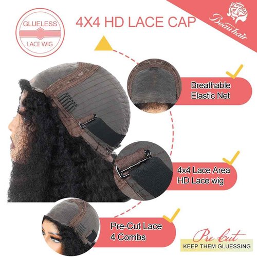 Beauhair Black Kinkycurly 4c Edge Wig Human Hair 4x4 HD Lace Afro kinky closure Wig for Balck Women Lace Pre Cut Glueless Wigs 210% Density 16 inch kinky natural wig