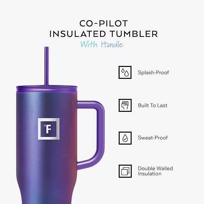 IRON °FLASK Co-Pilot Insulated Mug w/Straw & Flip Cap Lids - Cup Holder Bottle for Hot, Cold Drink - Leak-Proof - Water, Coffee Portable Travel Mug - Midnight Black, 40 Oz