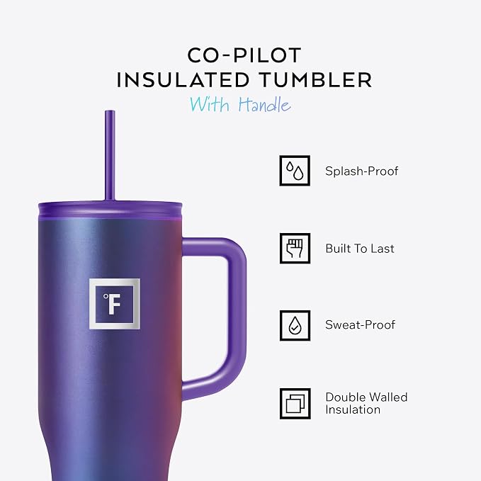 IRON °FLASK Co-Pilot Insulated Mug w/Straw & Flip Cap Lids - Cup Holder Bottle for Hot, Cold Drink - Leak-Proof - Water, Coffee Portable Travel Mug - Rose Gold, 40 Oz