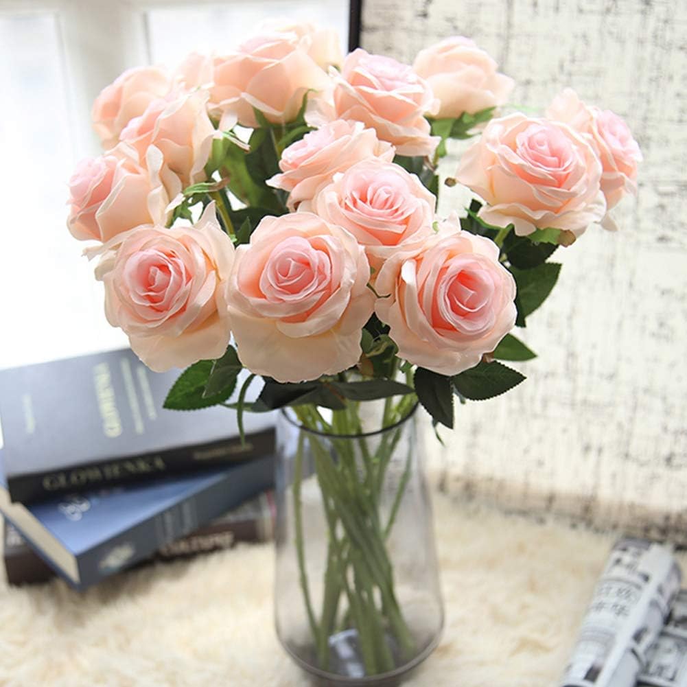 AMZALI 10PCS Artificial Flowers, Silk Artificial Rose Flowers Real Looking Blush Flower Home Decorations for Bridal Wedding Bouquet, Birthday Flowers Bunch Hotel Party Garden Floral Decor (Pink)