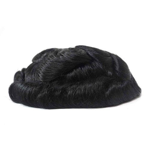 Toupee for Men Human Hair Wigs Mens Toupee European Virgin Human Hair Units Curly Wave Mens Wig Toupee Hair Real Human Replacement System for Man Q6 Prosthesis Units Patch #1B Off Black (6x9)