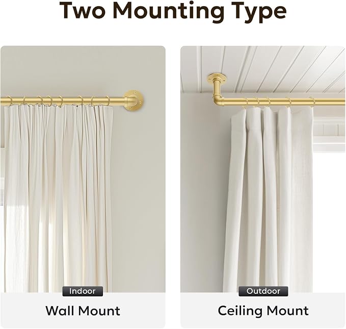 Zeerobee Curtain Rods for Windows 32 to 72, 1 Inch Industrial Wrap Around Gold Curtain Rod, Indoor/Outdoor Room Divider Adjustable Drapery Pole, 32"-72"