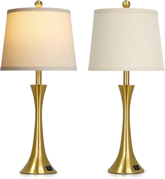 Rinweey 27.5" Gold Lamps for Living Room, Touch Control 3-Way Dimmable Bedside Nightstand Lamps Bedroom Lamp,Modern Gold Table Lamp with USB A+C Ports,Tall Lamps for Living Room End Table（1Pack）