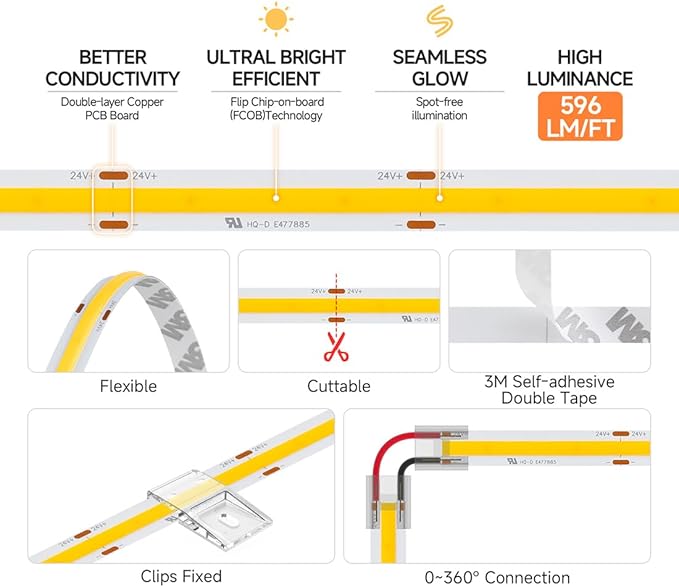 BTF-LIGHTING FCOB COB LED Strip 2700K 596+LM/FT Super Bright UL Listed DC24V 16.4FT 480LED/m 10mm Width Flexible High Density CRI 90+ Dimmable LED Light for Home Indoor Decor(No Controller or Adapter)