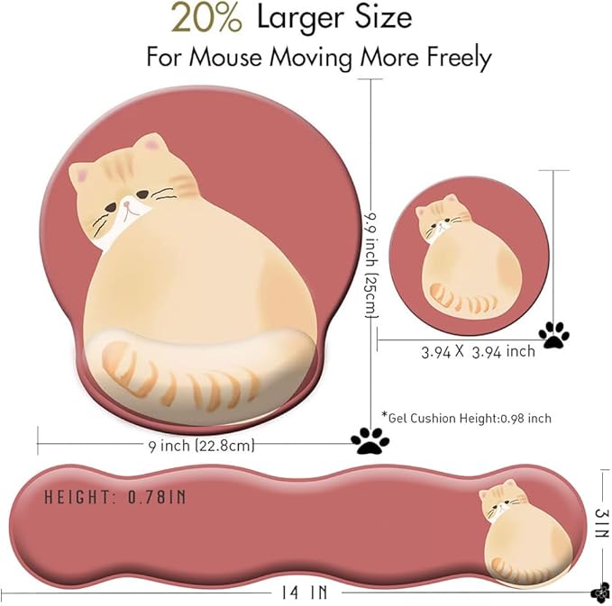 3-in-1 Cute Mouse Pad and Keyboard Wrist Rest Support, [ 20% Larger] Anime Kawaii Gel Wrist Rest with Non-Slip PU Base, Ergonomic Mouse Pad with Coaster,Pain Relief,Game Work Study Home Office-Cat