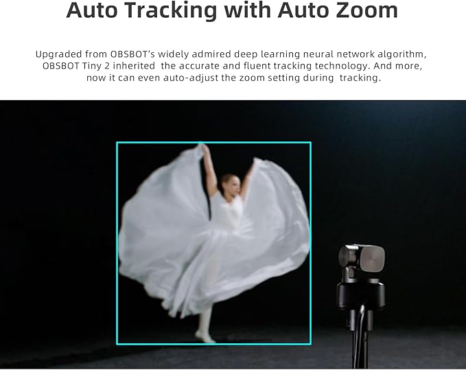 OBSBOT Tiny 2 AI-Powered PTZ 4K Webcam 1/1.5" CMOS 4X Faster Focusing USB 3.0 10x Faster Data Transmission Voice Control, W Cleaning Cloth
