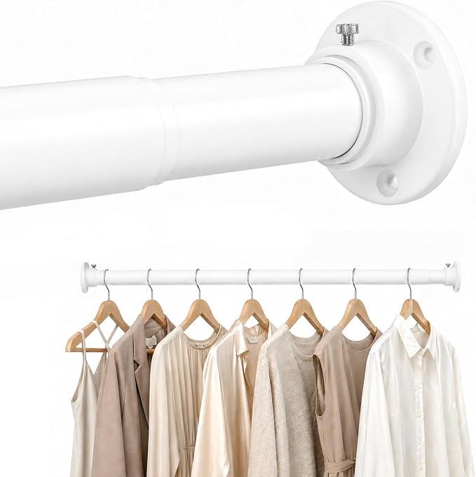 Closet Rod Adjustable 17 to 53 Inch, 1-1/4” Diameter, Closet Rods for Hanging Clothes, Stepless Metal Heavy Duty Hanging Rod for Closet Wardrobes Laundry RV (White)