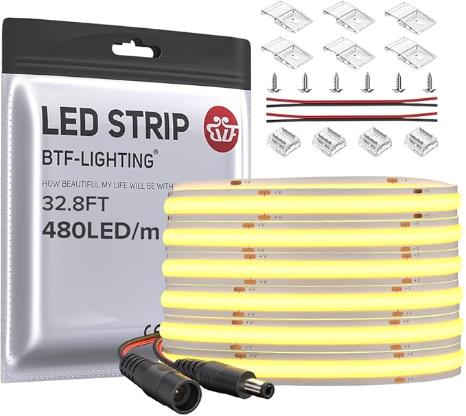 BTF-LIGHTING FCOB COB LED Strip Flexible High Density Uniform Light 9W/m 32.8FT DC24V Daylight White 6000K 480LED/m CRI 90+ 8mm Width for Home Indoor Decor(No Adapter or Controller)